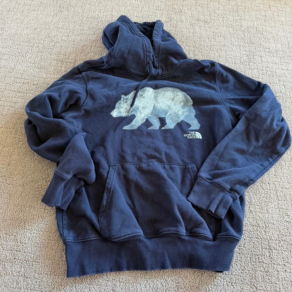 The North Face S Bear Logo Pullover Hoodie Sweatshirt Navy